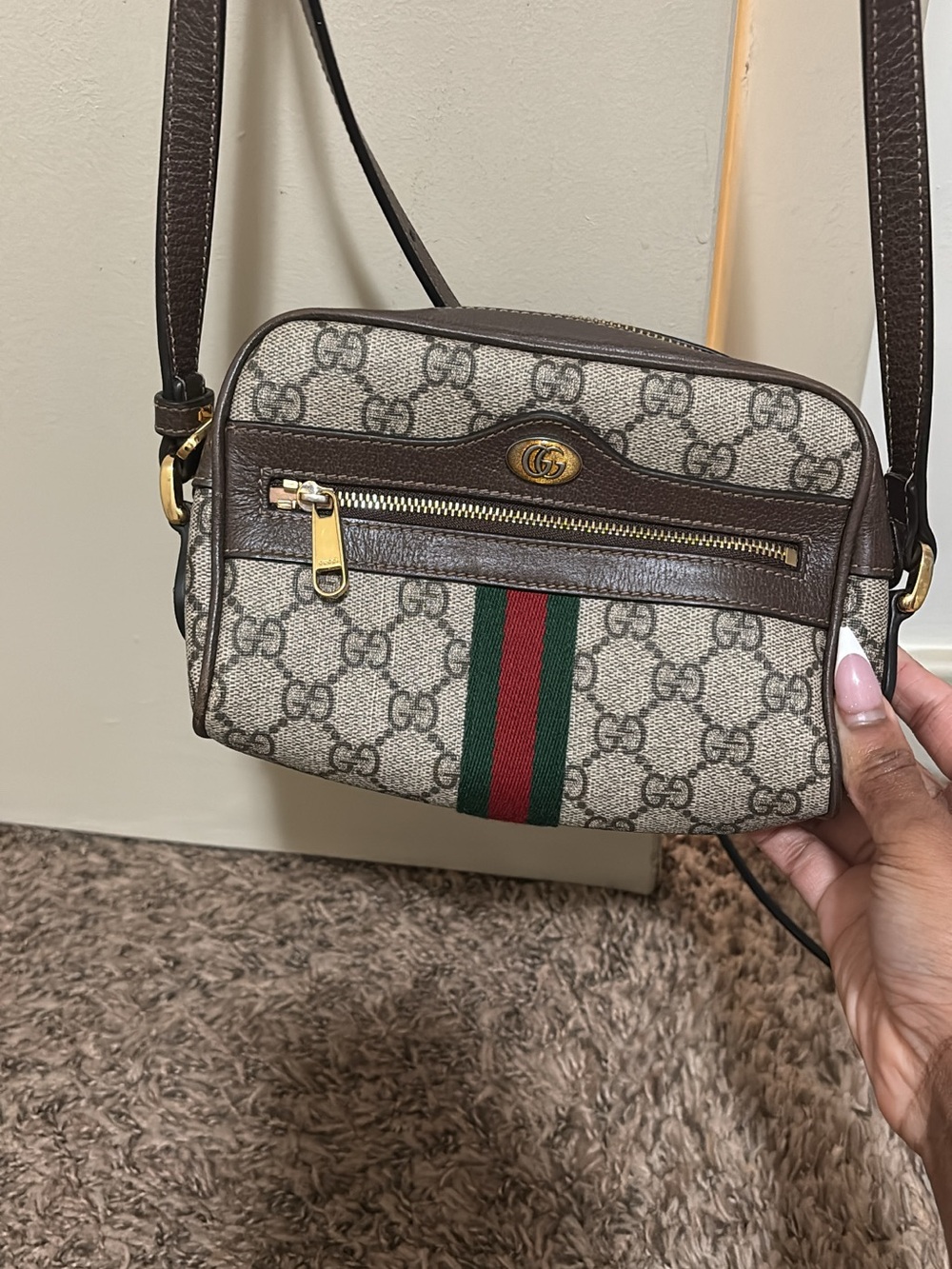 Gucci Beige GG Canvas Crossbody with Green and Red Web Stripe